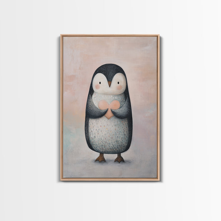 Penguin Holding a Little Heart Shape Framed Canvas Print, Nursery Art, Room Decor, Nursery Decor, Abstract Art, Nursery, NUR-2x3-42
