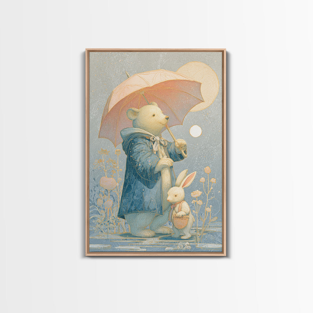 Bear and Rabbit Sharing Umbrella Canvas Print, Nursery Art, Nursery Decor, Fine Art, Nursery, Kids Wall Art, Woodland Nursery, NUR-2x3-49