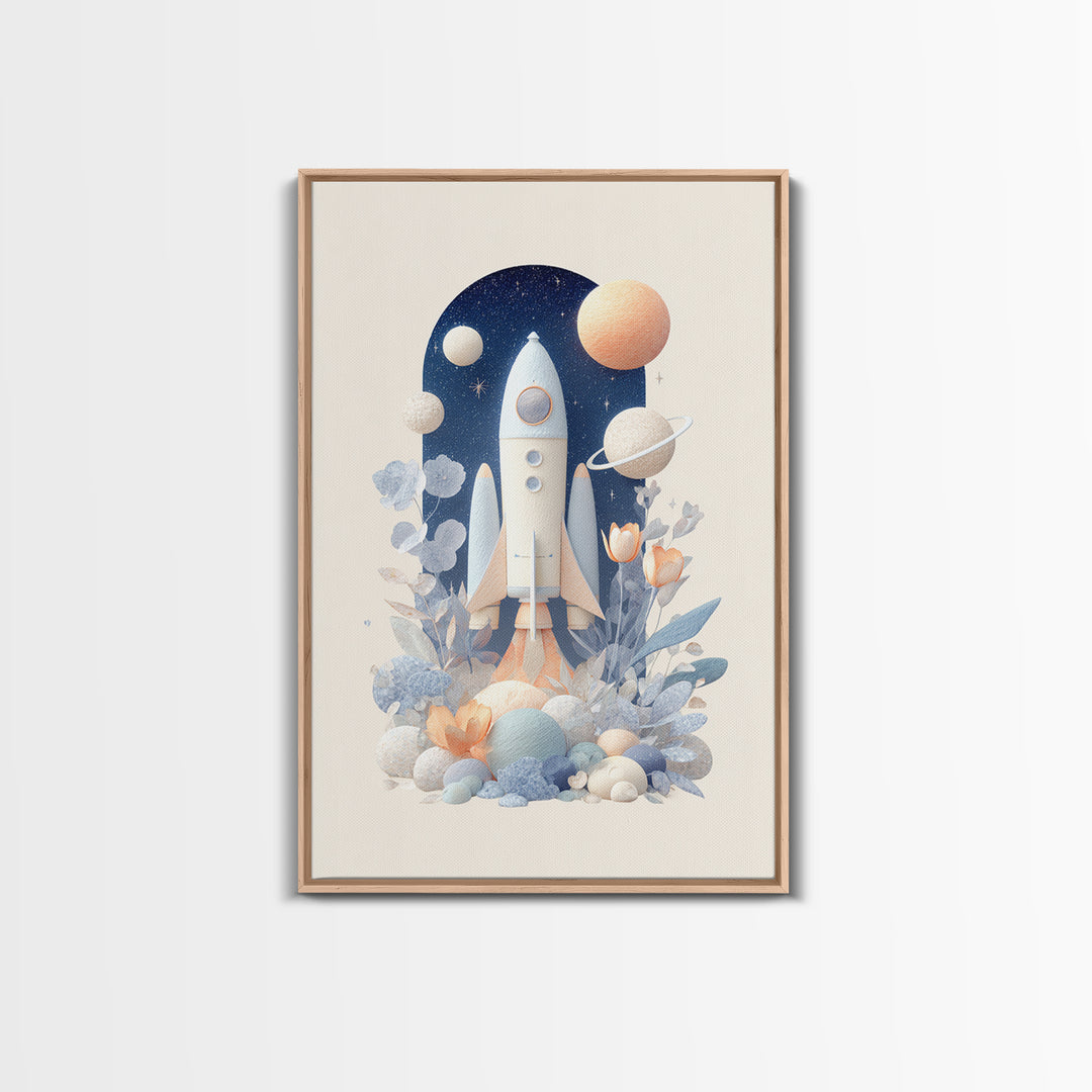 Rocket Ship and Smiling Planets Framed Canvas Print, Nursery Art, Nursery Wall Art, Nursery Decor, Oil Painting, Nursery, NUR-2x3-53