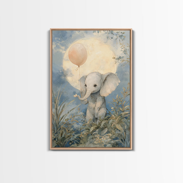 Sleepy Baby Elephant Holding a Tiny Balloon Canvas Print, Nursery Art, Playroom Decor, Nursery Decor, Oil Painting, Nursery, NUR-2x3-57