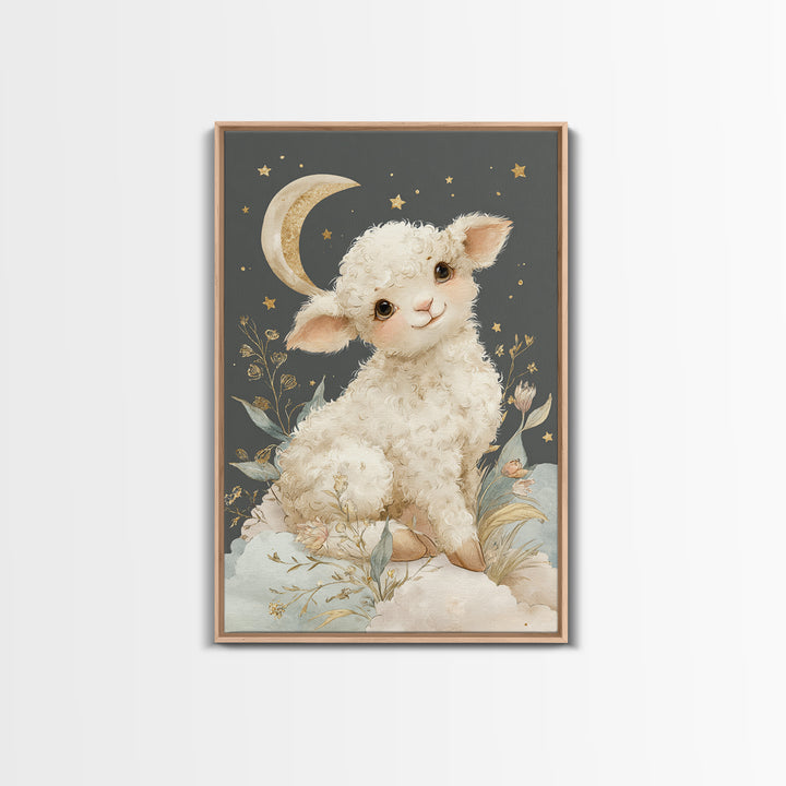 Little Lamb under a Starry Sky Framed Canvas Print, Nursery Art, Nursery Wall Art, Nursery Decor, Nursery, Woodland Nursery, NUR-2x3-75