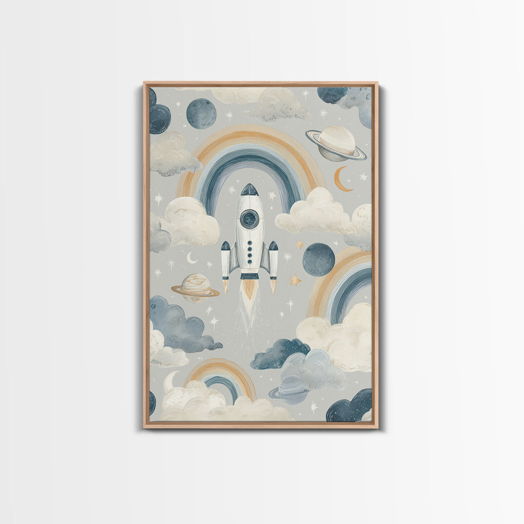 Rocket Ship and Smiling Planets Canvas Print, Nursery Art, Nursery Prints, Nursery Decor, Fine Art, Nursery, Kids Wall Decor, NUR-2x3-77