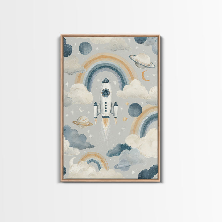 Rocket Ship and Smiling Planets Canvas Print, Nursery Art, Nursery Prints, Nursery Decor, Fine Art, Nursery, Kids Wall Decor, NUR-2x3-77