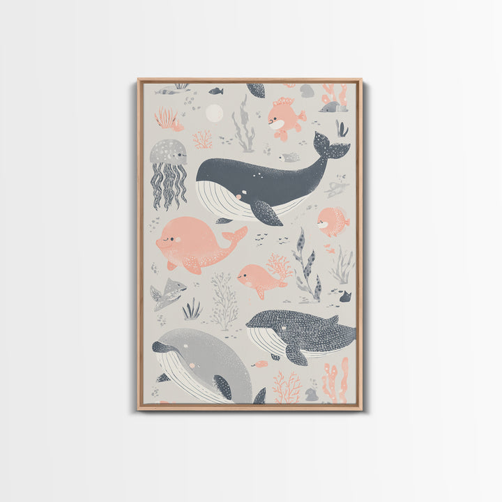 Friendly Ocean Creatures Framed Canvas Print, Nursery Art, Contemporary Art, Nursery Decor, Fine Art, Nursery, Nursery Prints, NUR-2x3-80