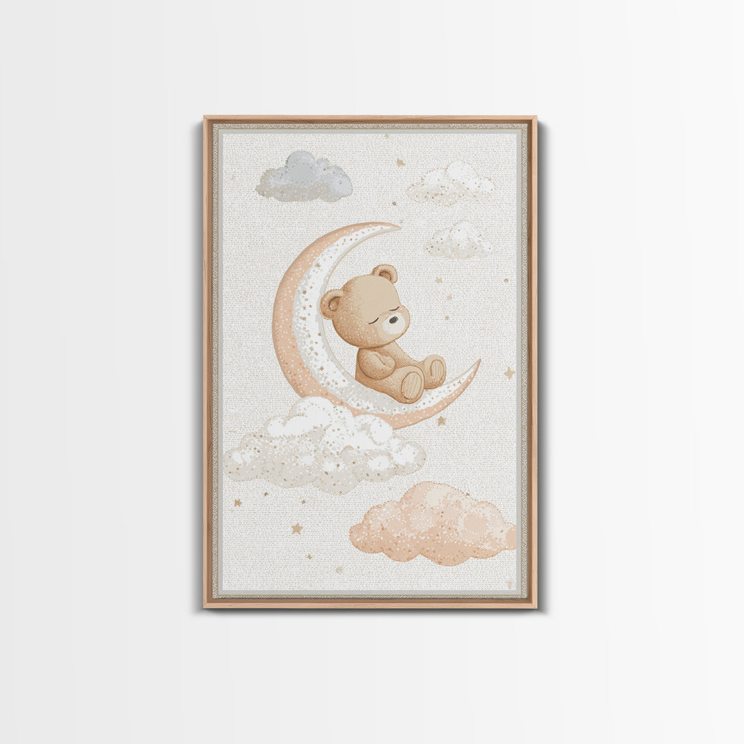 Baby Bear Floating on a Crescent Moon Canvas Print, Nursery Art, Nursery Decor, Abstract Art, Nursery, Kids Wall Art, NUR-2x3-86