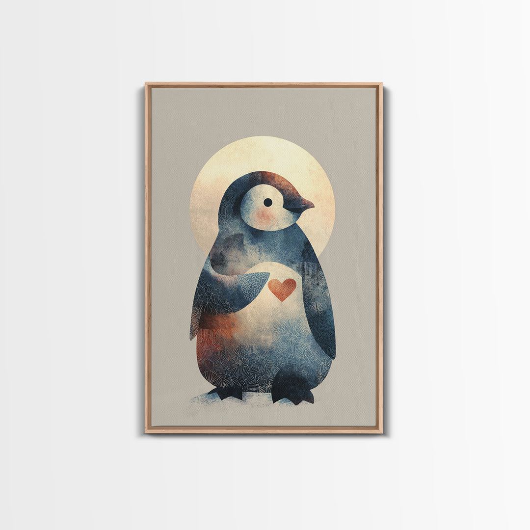 Penguin Holding a Little Heart Shape Framed Canvas Print, Nursery Art, Nursery Wall Art, Nursery Decor, Fine Art, Nursery, NUR-2x3-90