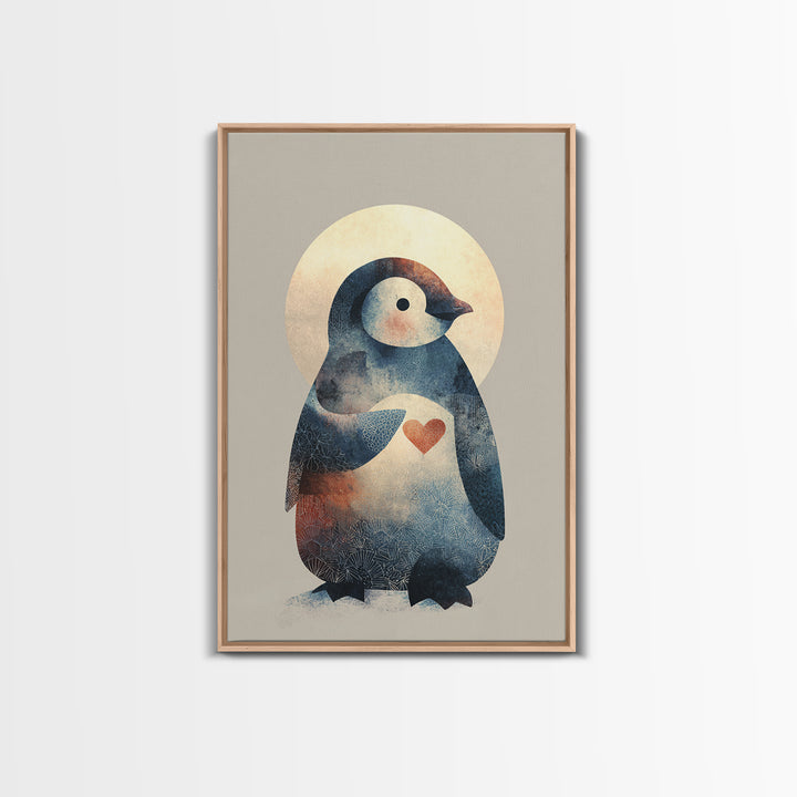 Penguin Holding a Little Heart Shape Framed Canvas Print, Nursery Art, Nursery Wall Art, Nursery Decor, Fine Art, Nursery, NUR-2x3-90