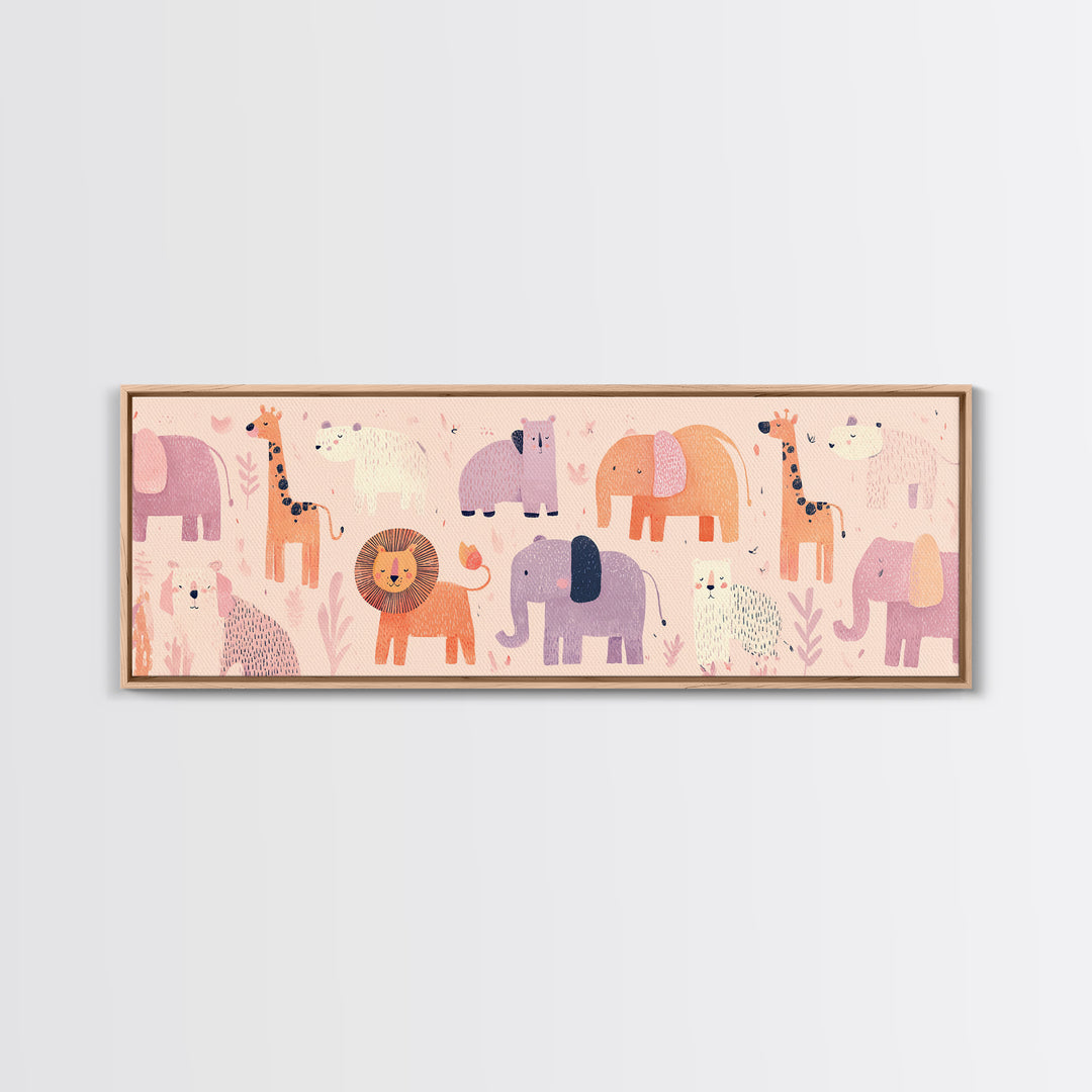 Pastel Jungle Animals Framed Canvas Print, Nursery Art, Wall Decor, Nursery Decor, Fine Art, Nursery, Playroom Decor, NUR-3x1-10