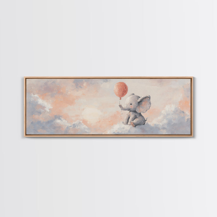 Sleepy Baby Elephant Holding a Tiny Balloon Framed Canvas Print, Nursery Art, Digital Download Art, Nursery Decor, Nursery, NUR-3x1-17