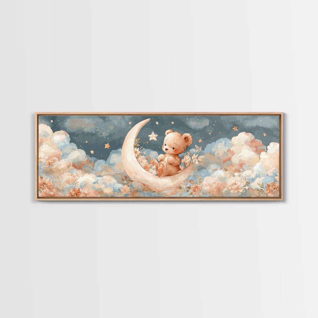 Baby Bear Floating on a Crescent Moon Canvas Print, Nursery Art, Boho Decor, Nursery Decor, Abstract Art, Nursery, NUR-3x1-22