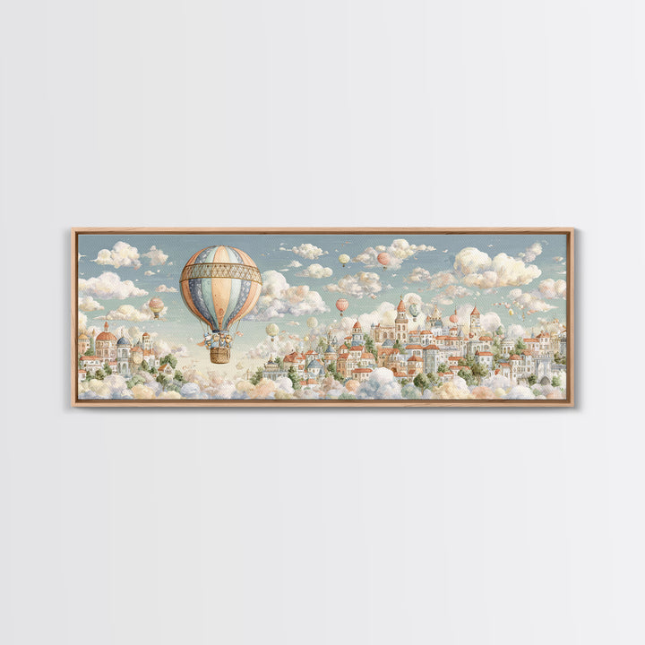 Floating Hot Air Balloon Framed Canvas Print, Nursery Art, Kids Room Art, Nursery Decor, Oil Painting, Nursery, NUR-3x1-28