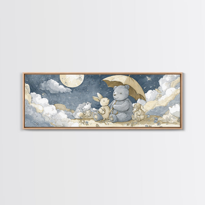 Bear and Rabbit Sharing Umbrella Canvas Print, Nursery Art, Girl Nursery Decor, Nursery Decor, Fine Art, Nursery, Kids Room Art, NUR-3x1-33