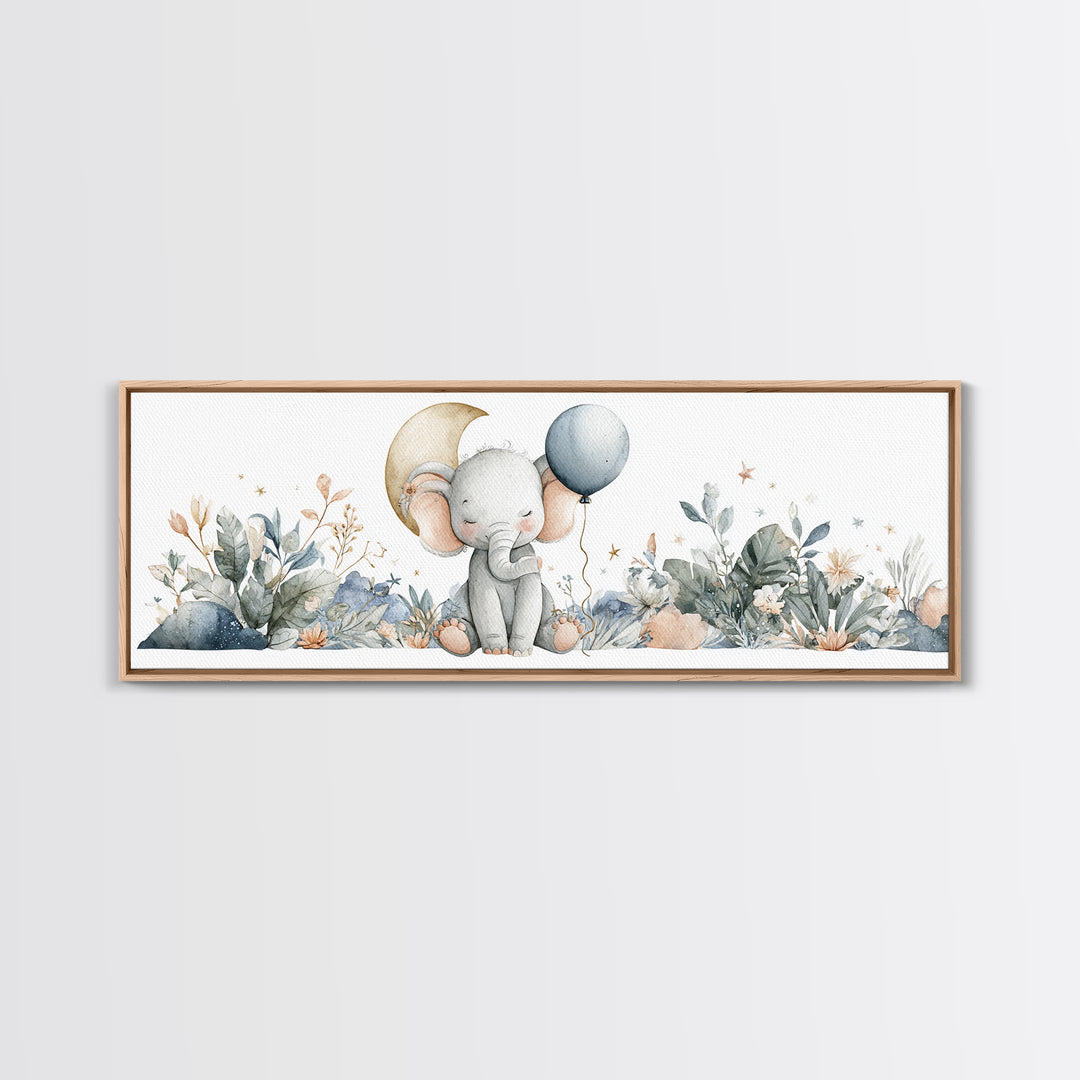 Sleepy Baby Elephant Holding a Tiny Balloon Canvas Print, Nursery Art, Playroom Wall Art, Nursery Decor, Watercolor Art, NUR-3x1-41