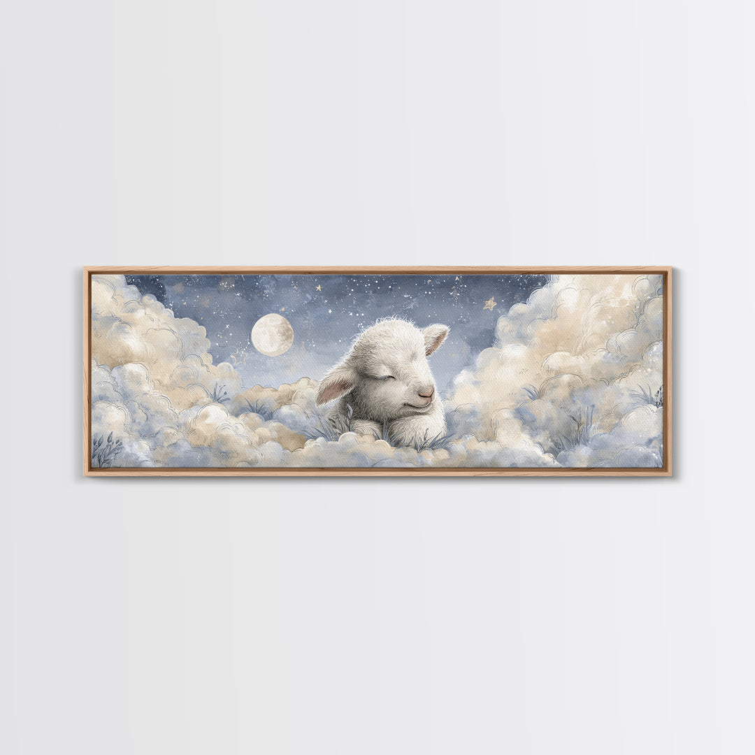 Little Lamb under a Starry Sky Framed Canvas Print, Nursery Art, Wall Art, Nursery Decor, Fine Art, Nursery, Nursery Prints, NUR-3x1-59
