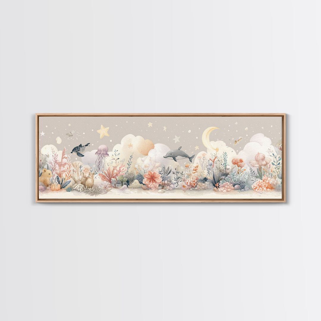Friendly Ocean Creatures Framed Canvas Print, Nursery Art, Boho Decor, Nursery Decor, Fine Art, Nursery, Wall Hangings, NUR-3x1-64