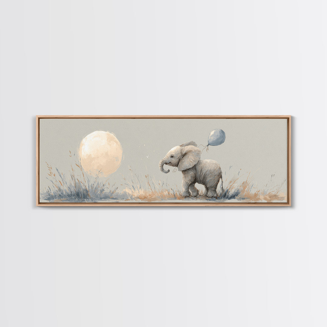 Sleepy Baby Elephant Holding a Tiny Balloon Canvas Print, Nursery Art, Playroom Wall Art, Nursery Decor, Watercolor Art, NUR-3x1-65