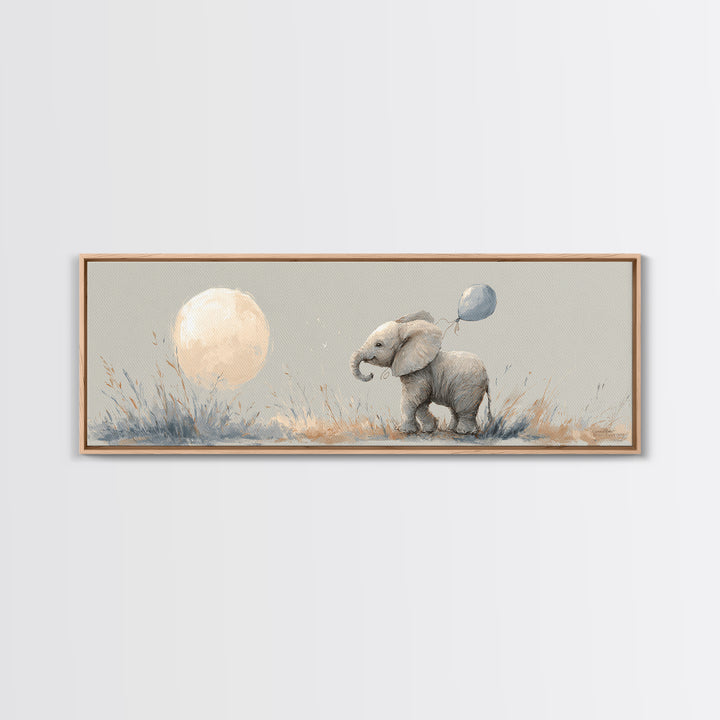 Sleepy Baby Elephant Holding a Tiny Balloon Canvas Print, Nursery Art, Playroom Wall Art, Nursery Decor, Watercolor Art, NUR-3x1-65