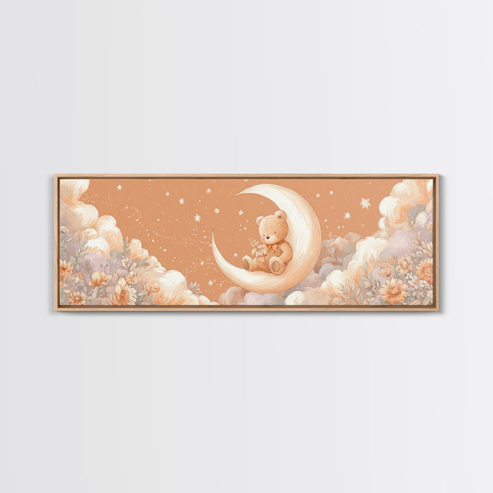 Baby Bear Floating on a Crescent Moon Canvas Print, Nursery Art, Luxury Decor, Nursery Decor, Oil Painting, Nursery, NUR-3x1-70