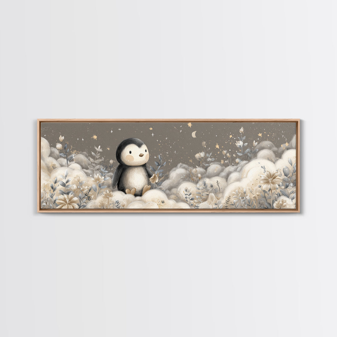 Penguin Holding a Little Heart Shape Framed Canvas Print, Nursery Art, Butterfly Wall Art, Nursery Decor, Fine Art, Nursery, NUR-3x1-74