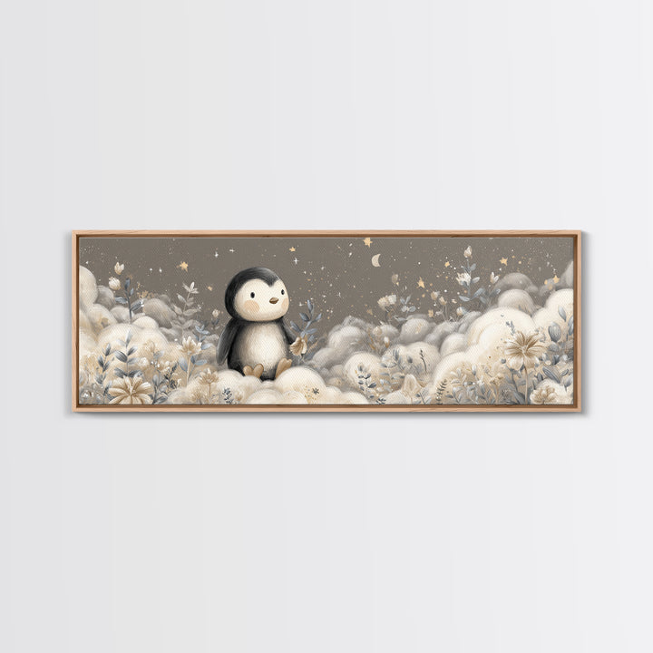 Penguin Holding a Little Heart Shape Framed Canvas Print, Nursery Art, Butterfly Wall Art, Nursery Decor, Fine Art, Nursery, NUR-3x1-74