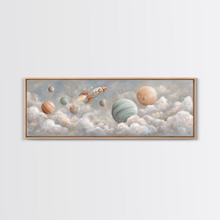 Rocket Ship and Smiling Planets Canvas Print, Nursery Art, Baby Girl Nursery, Nursery Decor, Oil Painting, Nursery, NUR-3x1-85