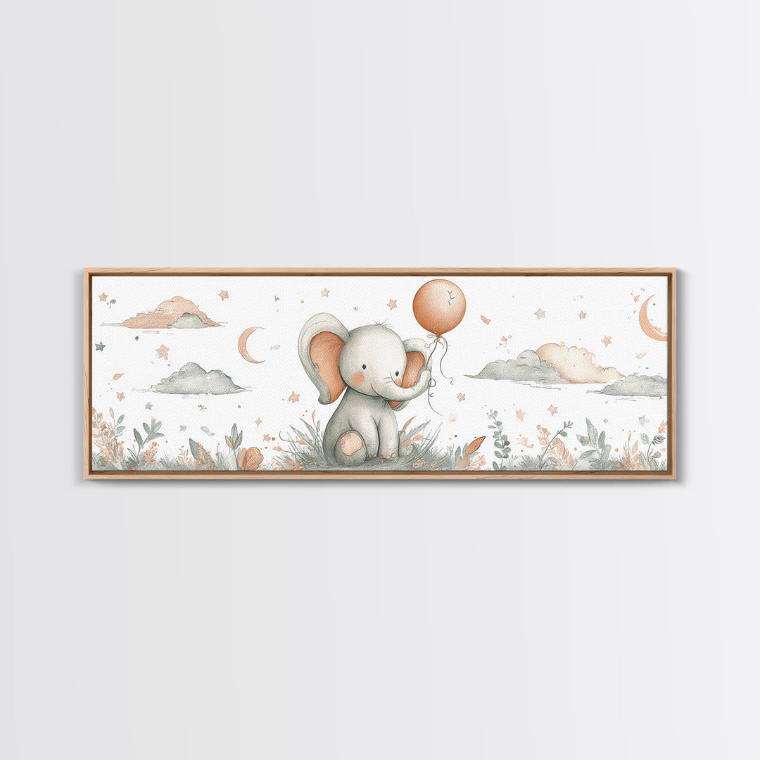Sleepy Baby Elephant Holding a Tiny Balloon Framed Canvas Print, Nursery Art, Woodland Nursery Art, Nursery Decor, Oil Painting, NUR-3x1-89