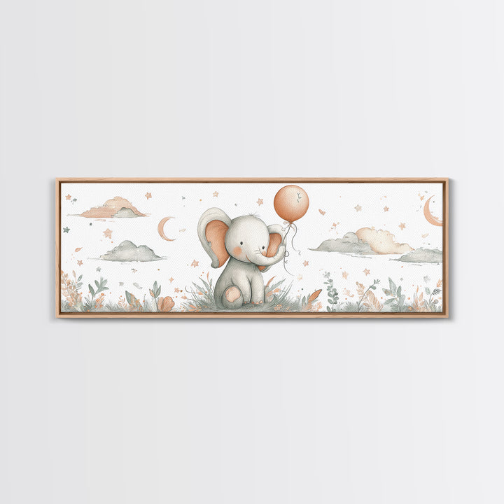 Sleepy Baby Elephant Holding a Tiny Balloon Framed Canvas Print, Nursery Art, Woodland Nursery Art, Nursery Decor, Oil Painting, NUR-3x1-89