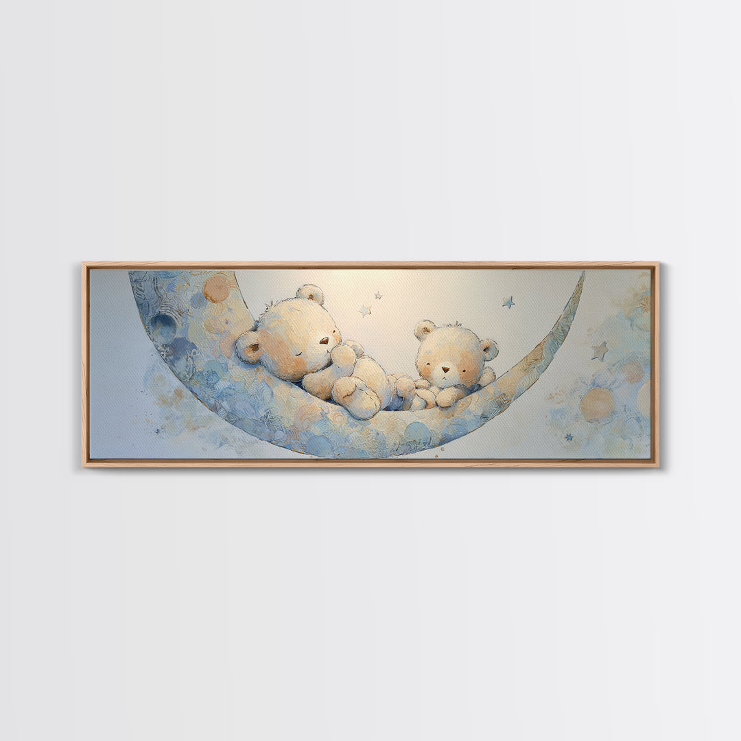 Baby Bear Floating on a Crescent Moon Canvas Print, Nursery Art, Digital Download Art, Nursery Decor, Watercolor Art, Nursery, NUR-3x1-94
