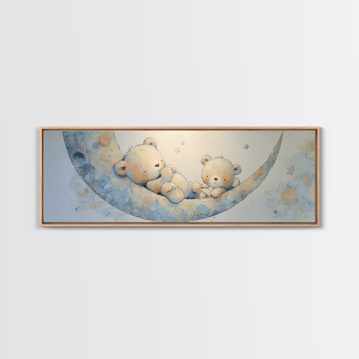 Baby Bear Floating on a Crescent Moon Canvas Print, Nursery Art, Digital Download Art, Nursery Decor, Watercolor Art, Nursery, NUR-3x1-94