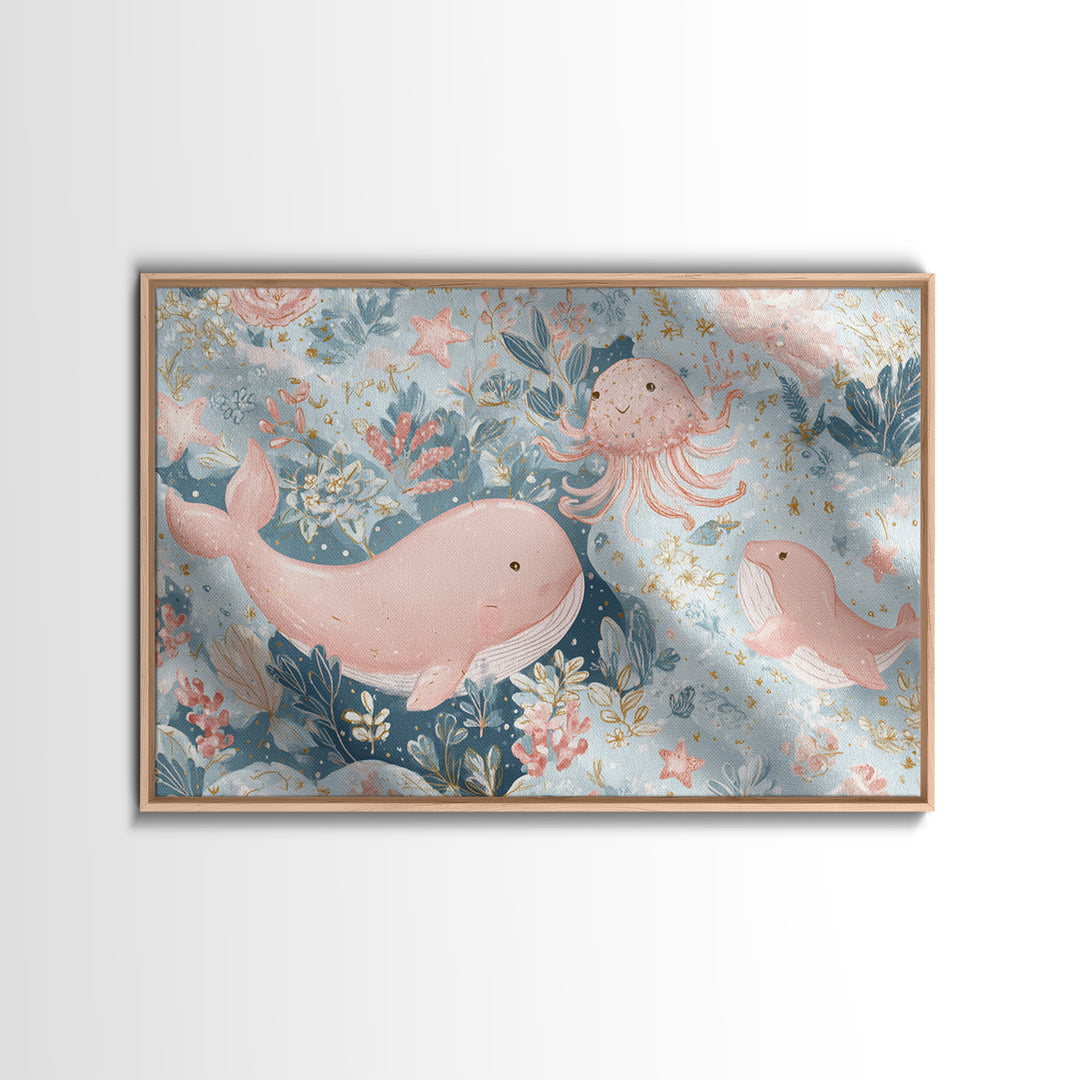 Friendly Ocean Creatures Framed Canvas Print, Nursery Art, Modern Decor, Nursery Decor, Fine Art, Nursery, Art Print, NUR-3x2-100
