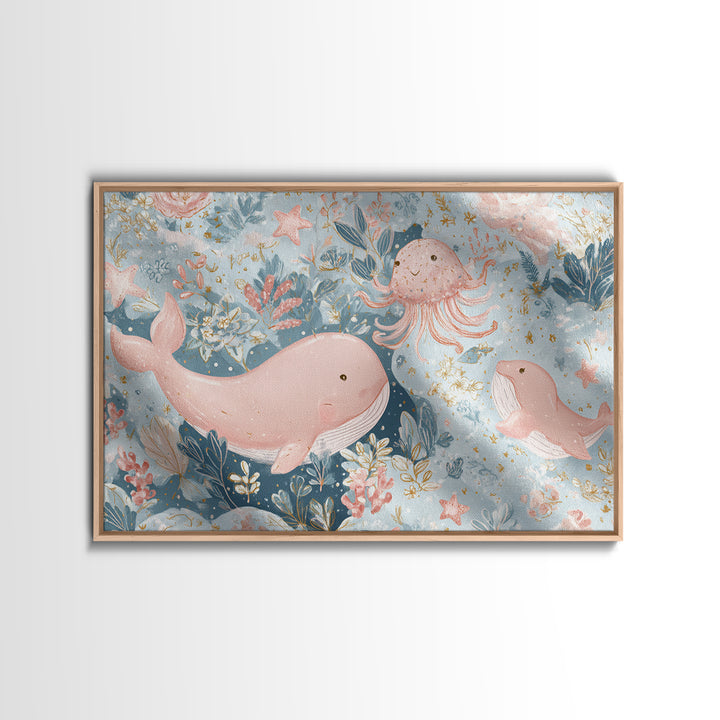 Friendly Ocean Creatures Framed Canvas Print, Nursery Art, Modern Decor, Nursery Decor, Fine Art, Nursery, Art Print, NUR-3x2-100