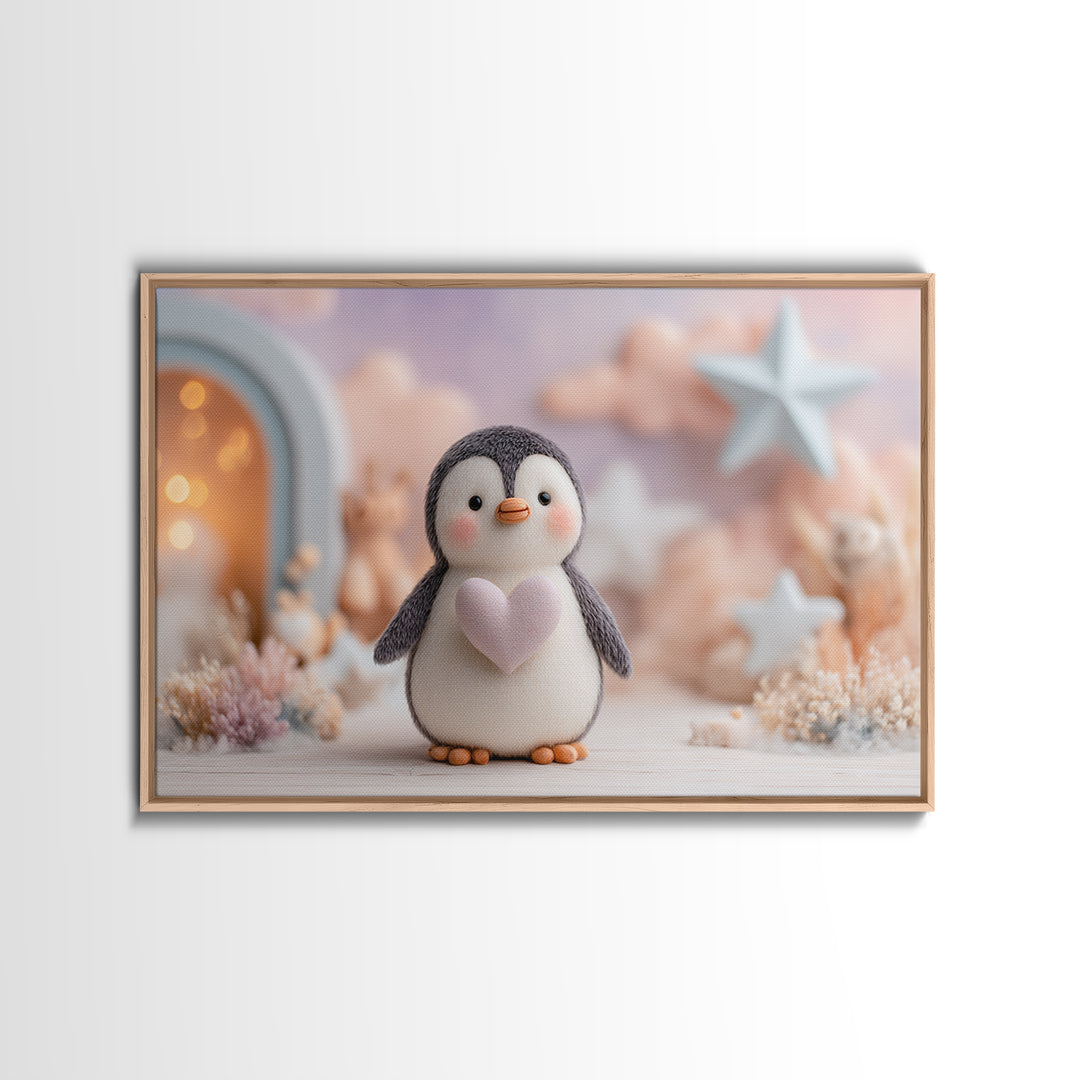 Penguin Holding a Little Heart Shape Framed Canvas Print, Nursery Art, Nursery Wall Art, Nursery Decor, Fine Art, Nursery, NUR-3x2-14