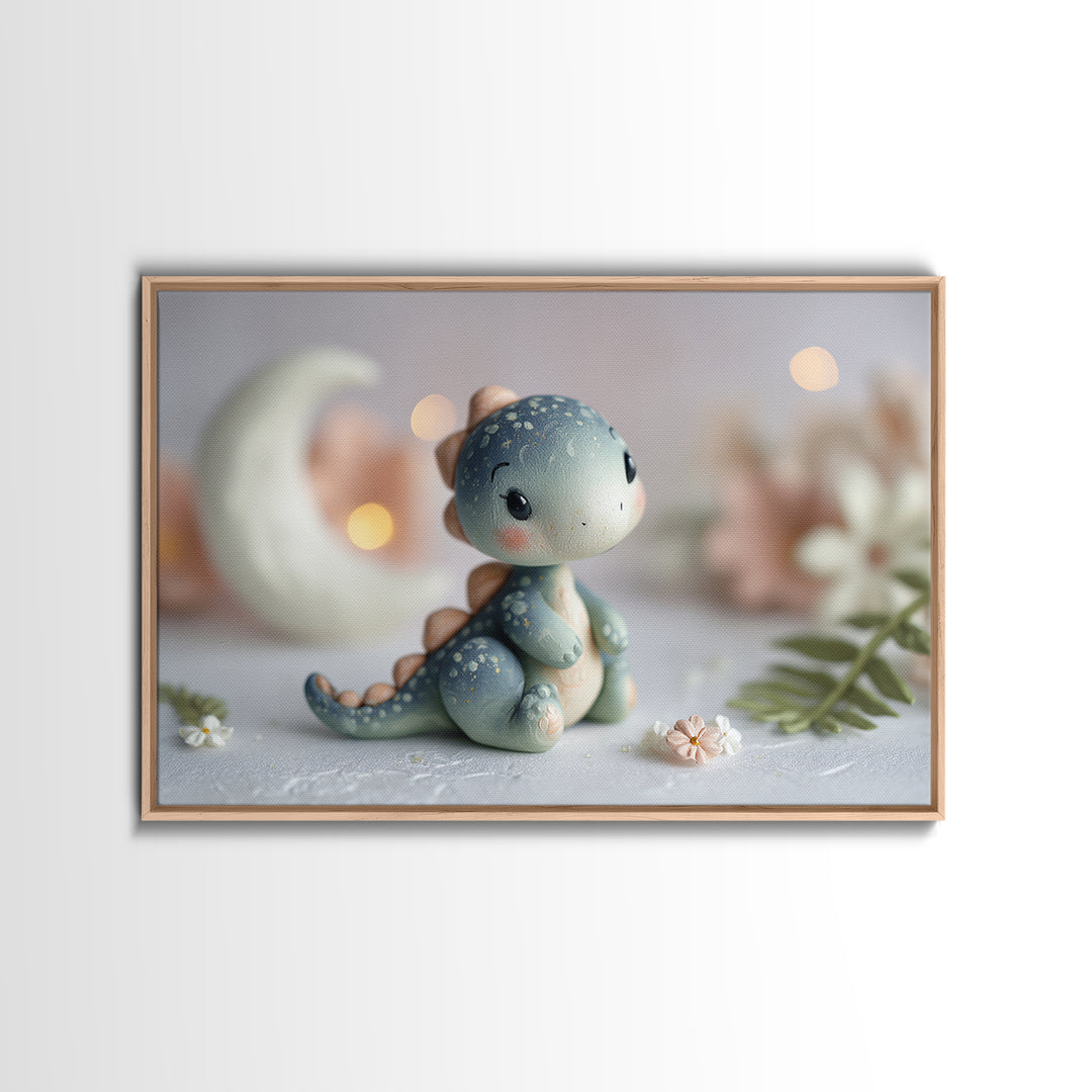 Tiny Dinosaur with Friendly Expression Framed Canvas Print, Nursery Art, Playroom Wall Art, Nursery Decor, Fine Art, Nursery, NUR-3x2-19