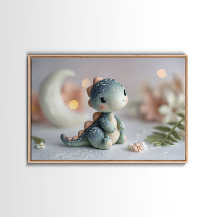 Tiny Dinosaur with Friendly Expression Framed Canvas Print, Nursery Art, Playroom Wall Art, Nursery Decor, Fine Art, Nursery, NUR-3x2-19