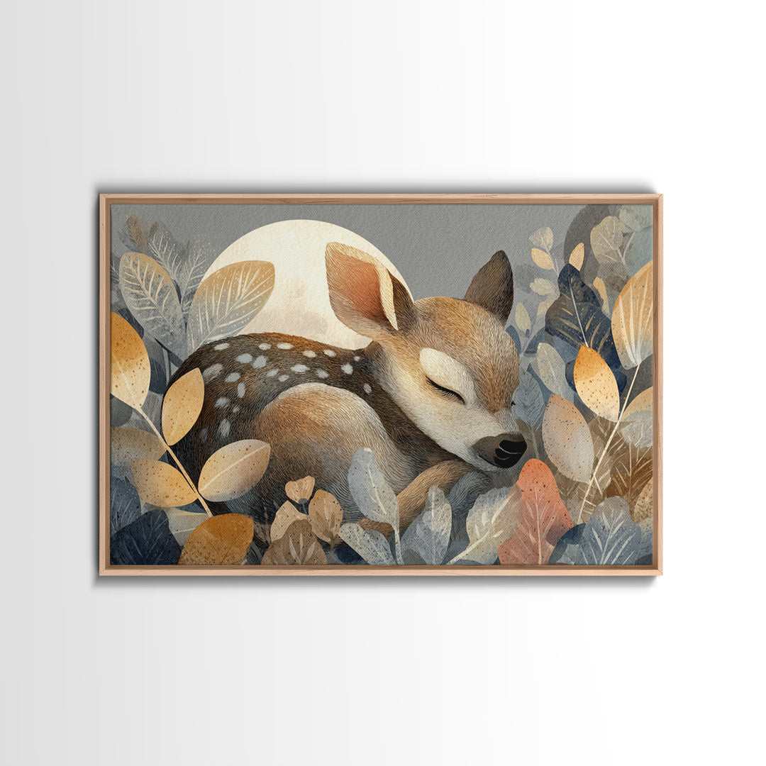 Deer Fawn Sleeping Framed Canvas Print, Nursery Art, Woodland Nursery, Nursery Decor, Fine Art, Nursery, Gallery Decor, NUR-3x2-27
