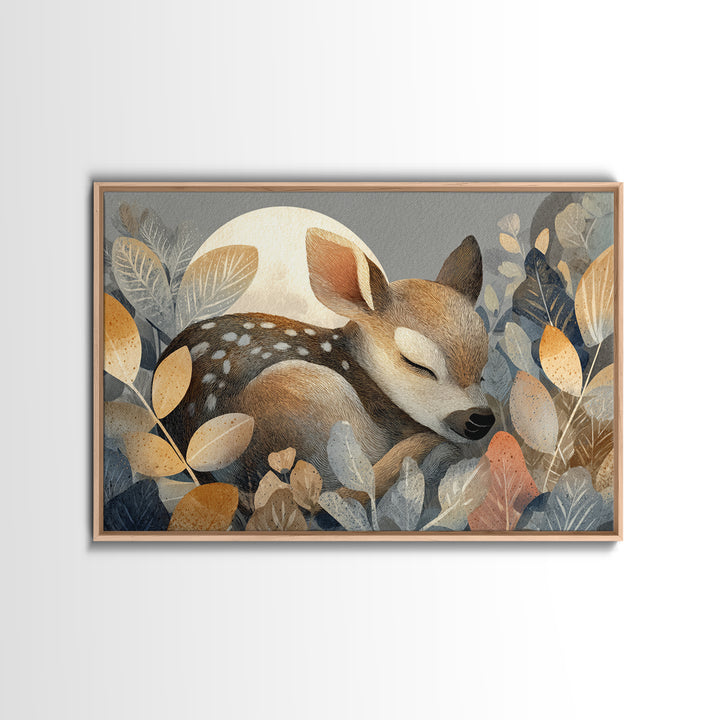 Deer Fawn Sleeping Framed Canvas Print, Nursery Art, Woodland Nursery, Nursery Decor, Fine Art, Nursery, Gallery Decor, NUR-3x2-27