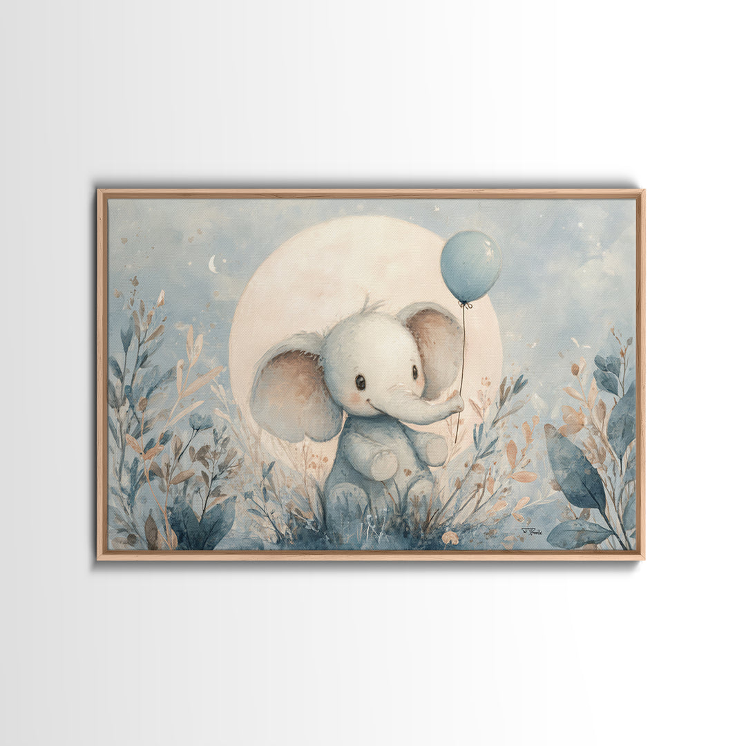 Sleepy Baby Elephant Holding a Tiny Balloon Canvas Print, Nursery Art, Kids Wall Decor, Nursery Decor, Fine Art, Nursery, NUR-3x2-29