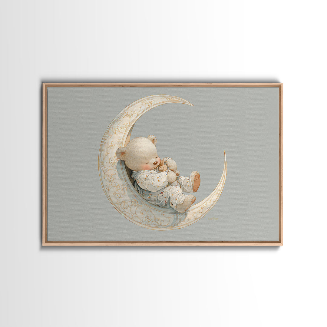 Baby Bear Floating on a Crescent Moon Canvas Print, Nursery Art, Digital Download Art, Nursery Decor, Watercolor Art, Nursery, NUR-3x2-34