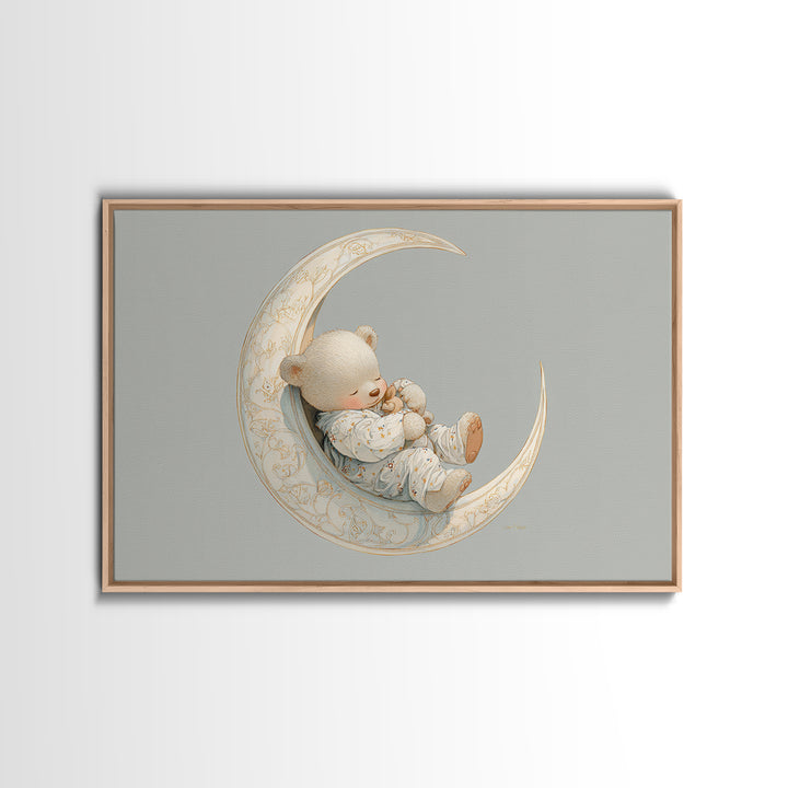 Baby Bear Floating on a Crescent Moon Canvas Print, Nursery Art, Digital Download Art, Nursery Decor, Watercolor Art, Nursery, NUR-3x2-34