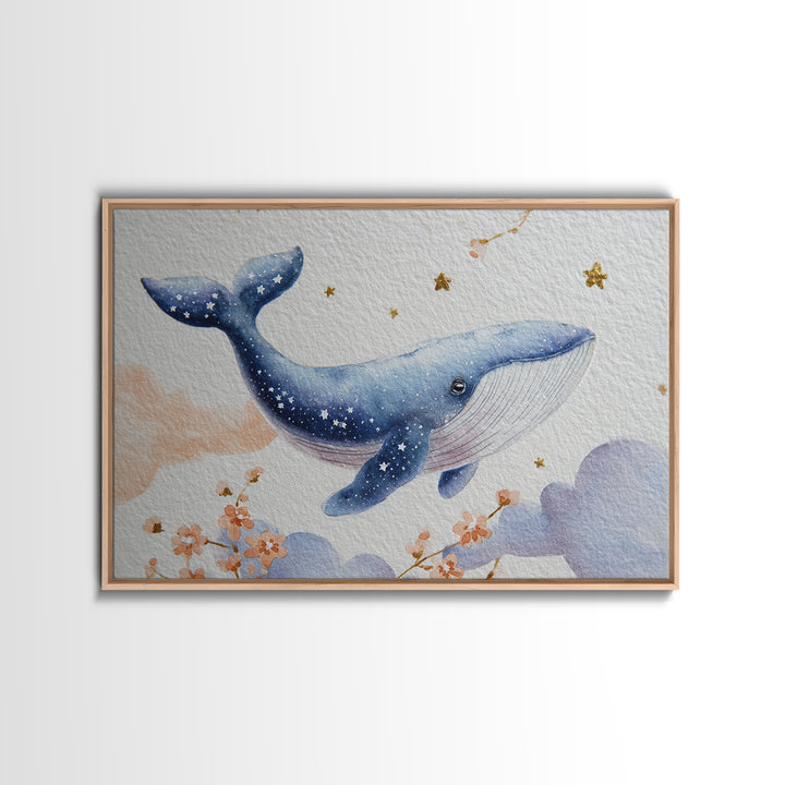 Whale and Tiny Stars Framed Canvas Print, Nursery Art, Kids Wall Art, Nursery Decor, Fine Art, Nursery, Gallery Decor, NUR-3x2-36