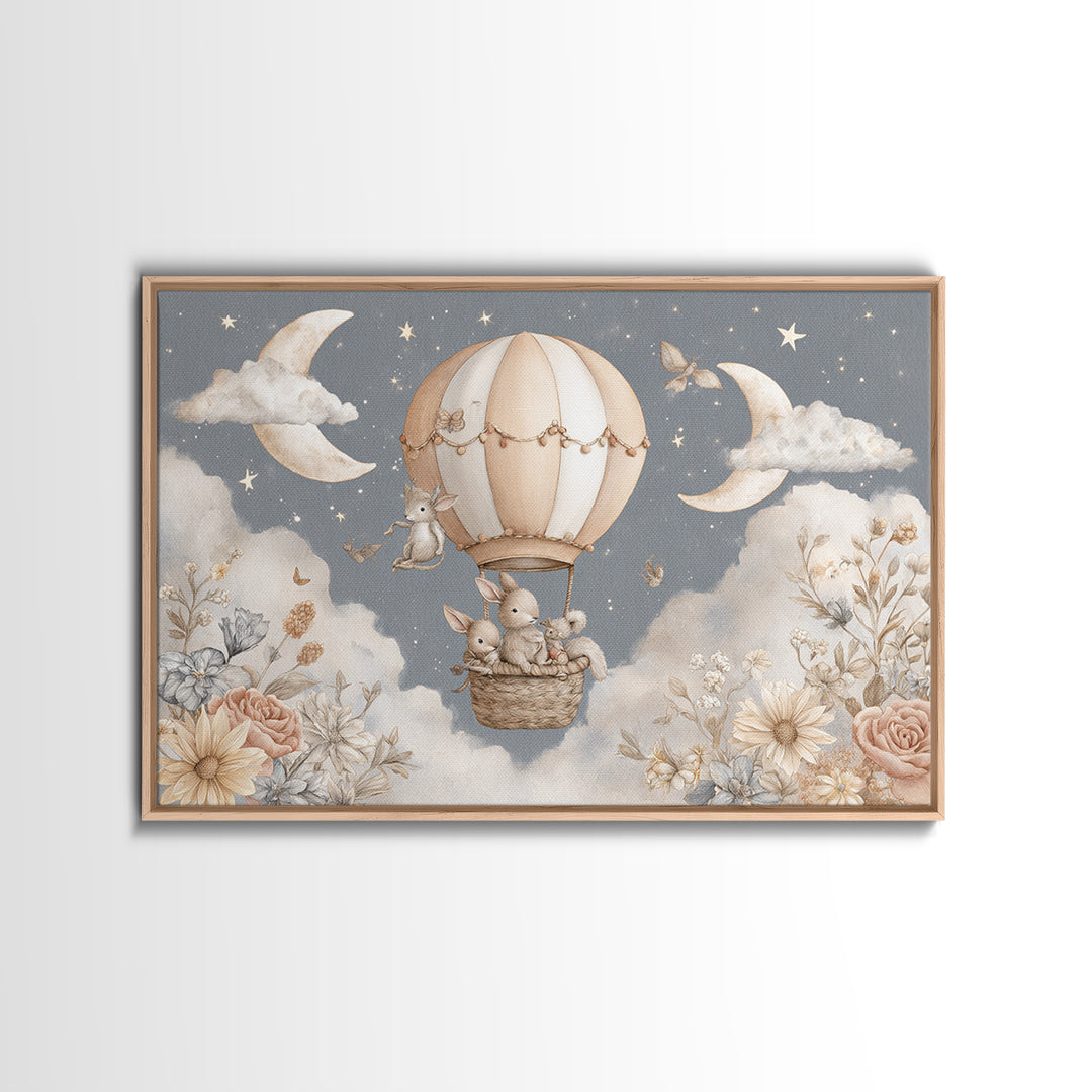 Floating Hot Air Balloon Framed Canvas Print, Nursery Art, Woodland Nursery, Nursery Decor, Oil Painting, Nursery, NUR-3x2-40