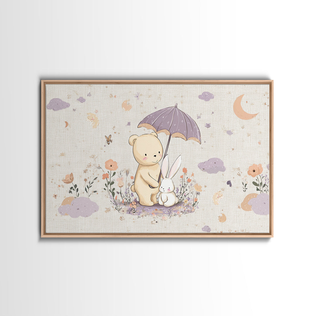 Bear and Rabbit Sharing Umbrella Framed Canvas Print, Nursery Art, Playroom Wall Art, Nursery Decor, Fine Art, Nursery, NUR-3x2-45