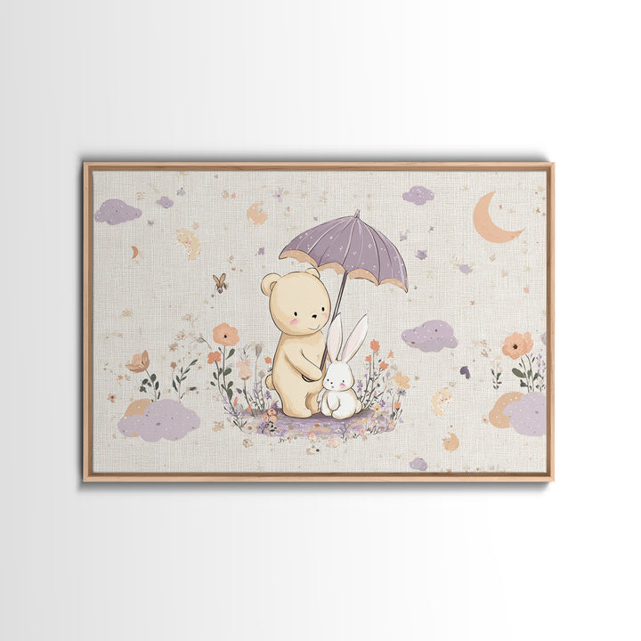 Bear and Rabbit Sharing Umbrella Framed Canvas Print, Nursery Art, Playroom Wall Art, Nursery Decor, Fine Art, Nursery, NUR-3x2-45