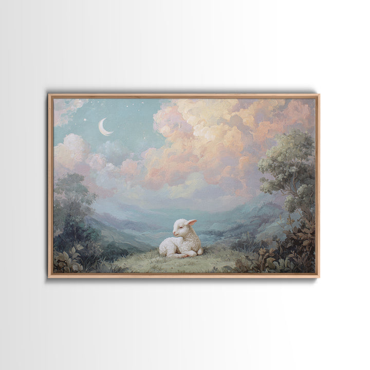 Little Lamb under a Starry Sky Framed Canvas Print, Nursery Art, Room Decor, Nursery Decor, Oil Painting, Nursery, NUR-3x2-47