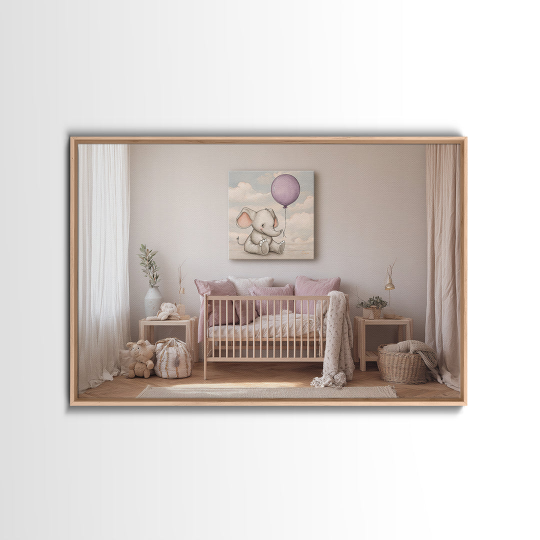 Sleepy Baby Elephant Holding a Tiny Balloon Framed Canvas Print, Nursery Art, Woodland Nursery, Nursery Decor, Nursery, NUR-3x2-5