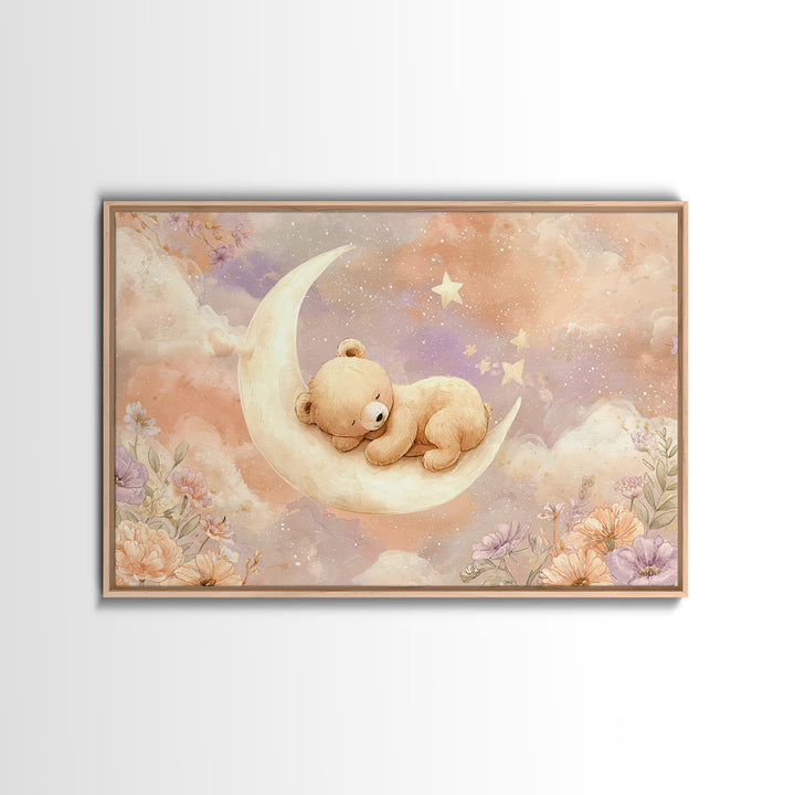 Baby Bear Floating on a Crescent Moon Canvas Print, Nursery Art, Digital Download Art, Nursery Decor, Watercolor Art, Nursery, NUR-3x2-58