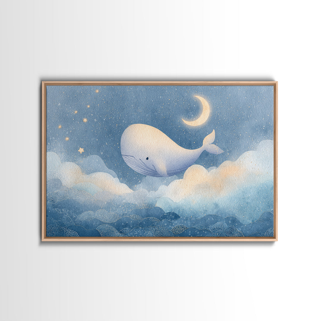 Whale and Tiny Stars Framed Canvas Print, Nursery Art, Whimsical Wall Art, Nursery Decor, Fine Art, Nursery, Minimalist Decor, NUR-3x2-60