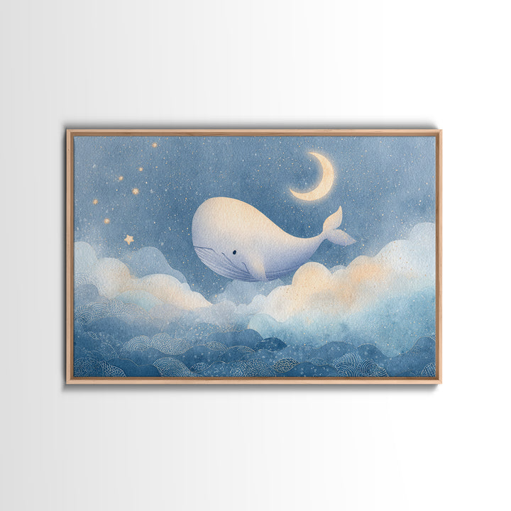 Whale and Tiny Stars Framed Canvas Print, Nursery Art, Whimsical Wall Art, Nursery Decor, Fine Art, Nursery, Minimalist Decor, NUR-3x2-60