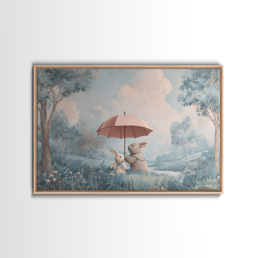 Bear and Rabbit Sharing Umbrella Framed Canvas Print, Nursery Art, Playroom Wall Art, Nursery Decor, Fine Art, Nursery, NUR-3x2-69