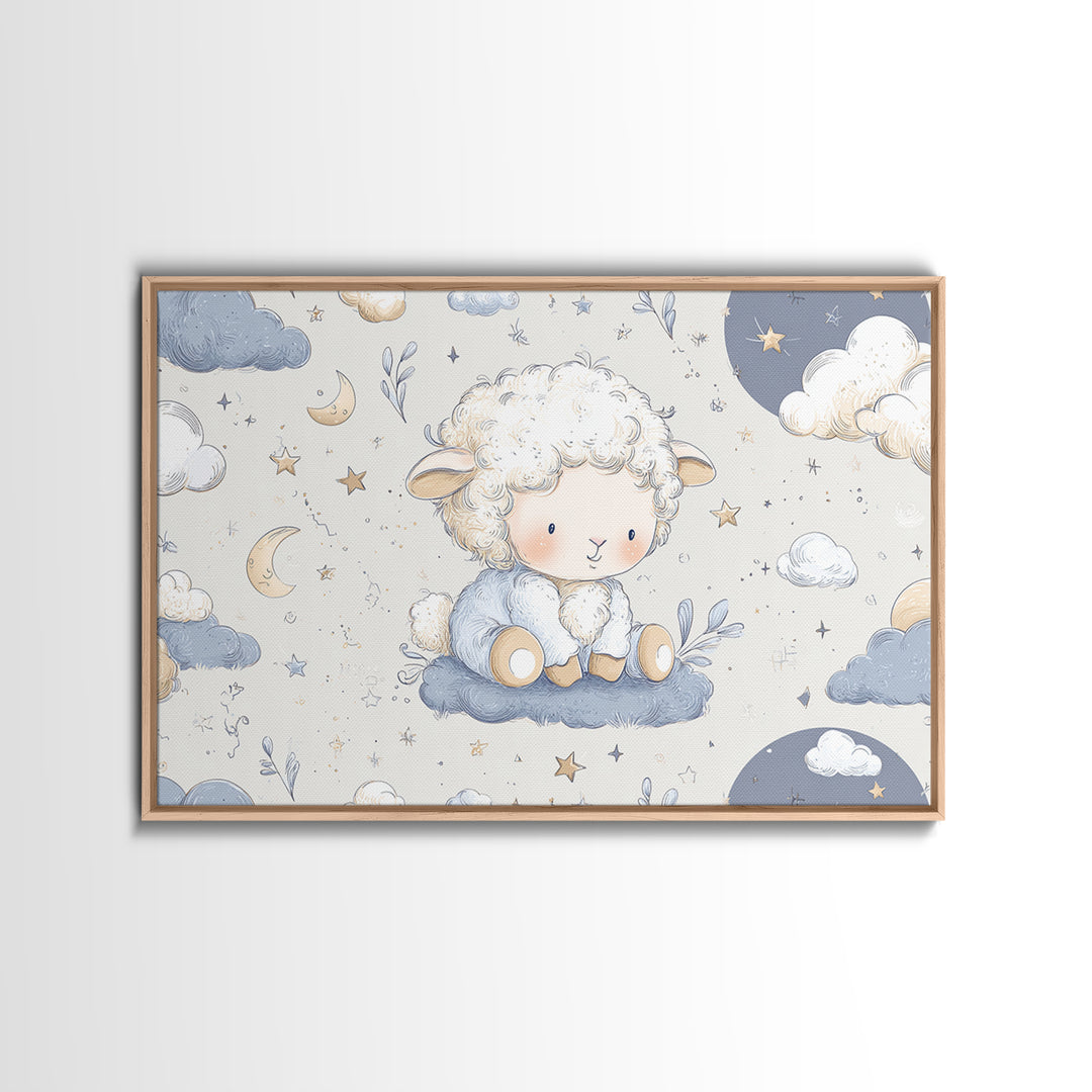 Little Lamb under a Starry Sky Framed Canvas Print, Nursery Art, Kids Wall Art, Nursery Decor, Watercolor Art, Nursery, NUR-3x2-71